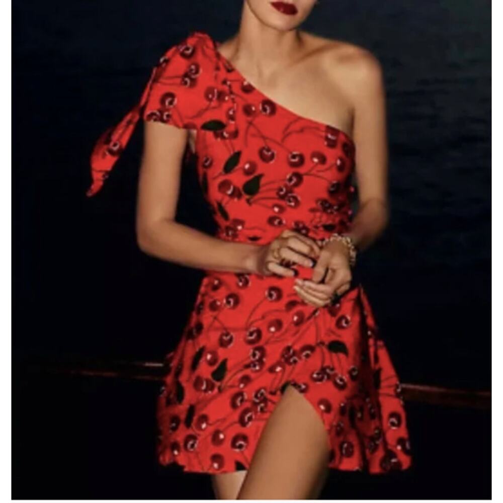 MAEVE ANTHROPOLOGIE ONE SHOULDER MINI RED CHERRY PRINT SUNDRESS SZ6 BLOGGER FAV